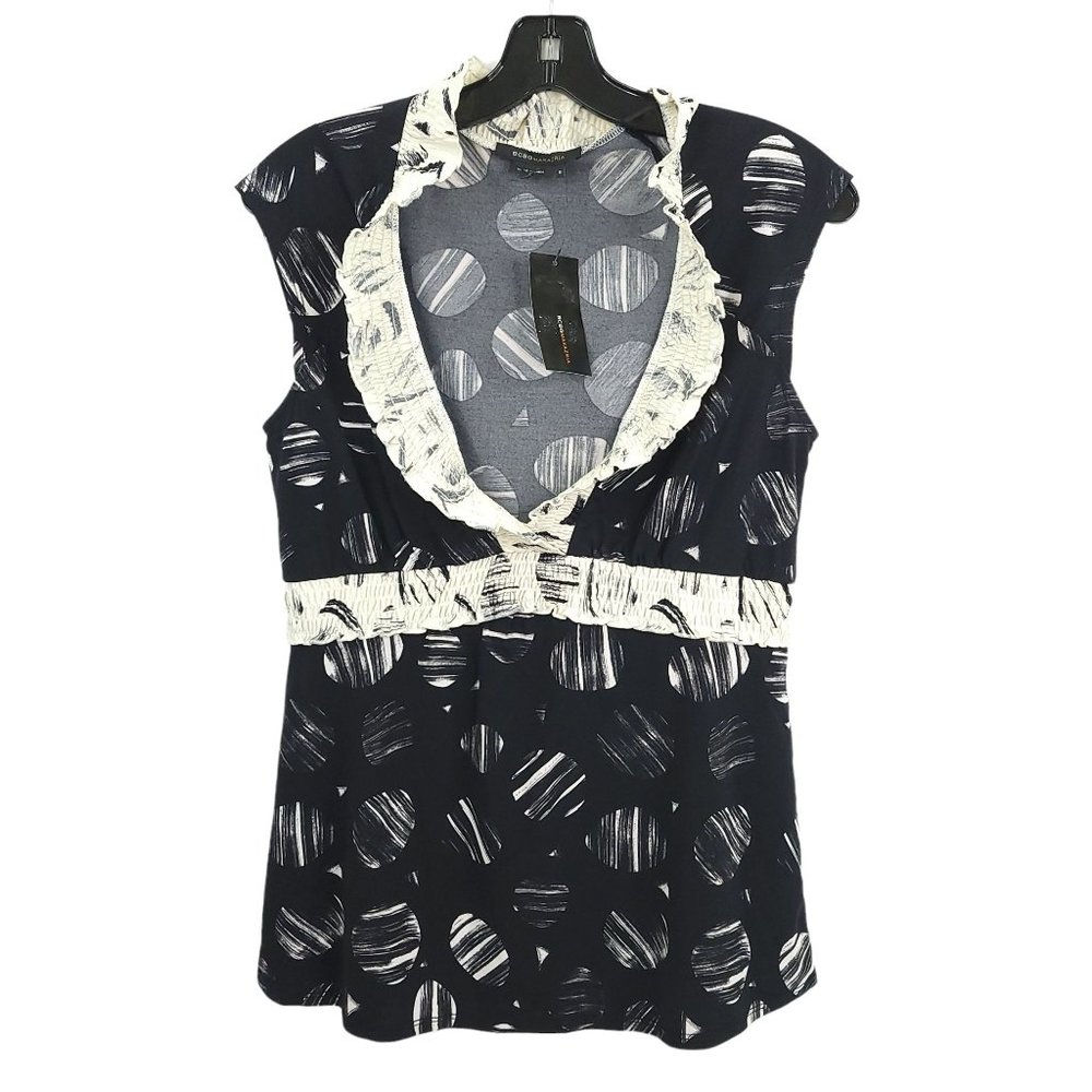 BCBGMaxazria Sleeveless Jersey Knit Top Womens S Black White Polka Dot NWT